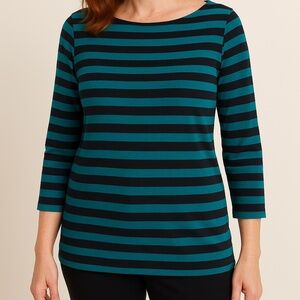 J.Jill Teal & Black Stripe Tunic Top  3/4 Sleeve Boat Neck Soft Knit Medium